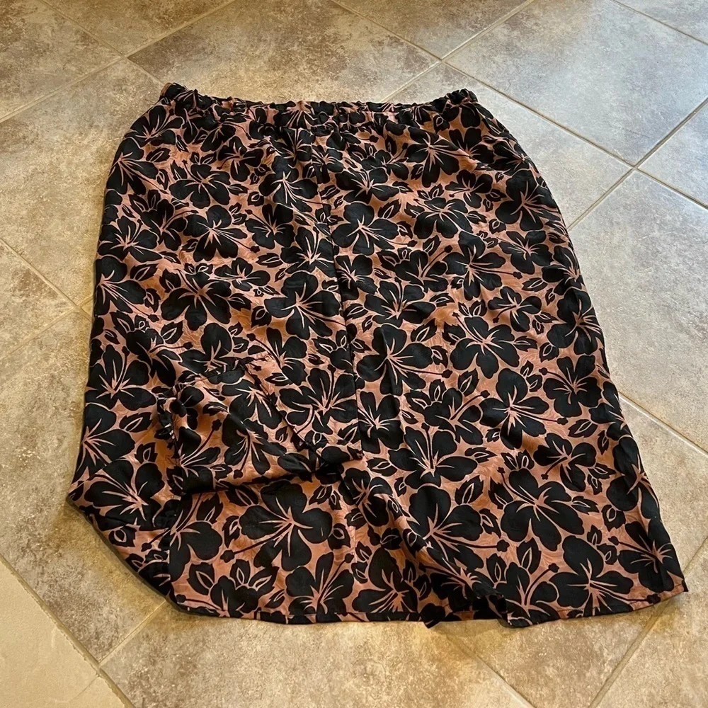 Flora Kung Vintage Silk Pull on Floral Midi Skirt Brown Black Size 14 mid rise